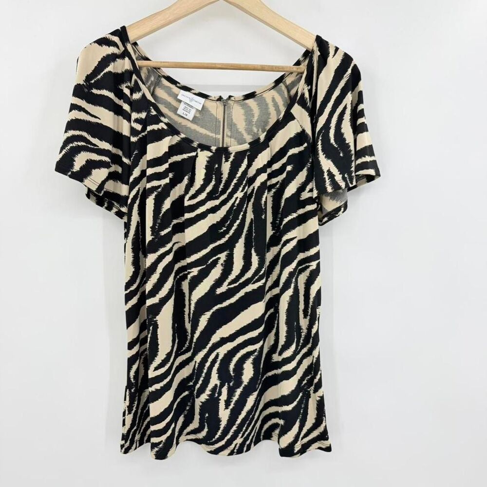 Jaclyn Smith Zebra Animal Print Top Y2K Scoop Neck Back Zipper Blouse Black L